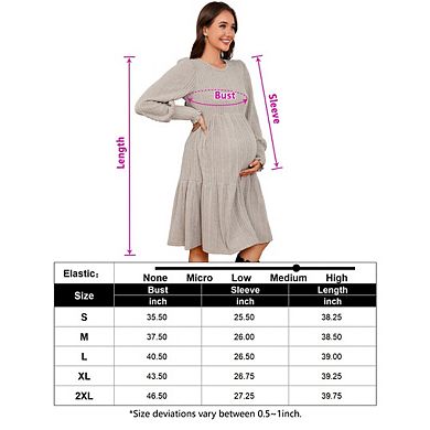 Women's Pregnant Casual Long Sleeve Dress Crew Neck High Waist Smocked Flowy Tiered Midi Dress