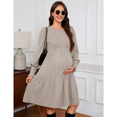 Women's Pregnant Casual Long Sleeve Dress Crew Neck High Waist Smocked Flowy Tiered Midi Dress