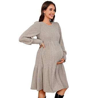 Women's Pregnant Casual Long Sleeve Dress Crew Neck High Waist Smocked Flowy Tiered Midi Dress