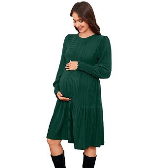 Women's Pregnant Casual Long Sleeve Dress Crew Neck High Waist Smocked Flowy Tiered Midi Dress