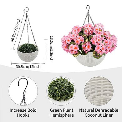 2 Set Artificial Outdoor Geraniums Flowers with White Basket, Artificial Hanging Flowers Plant