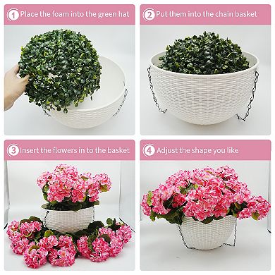 2 Set Artificial Outdoor Geraniums Flowers with White Basket, Artificial Hanging Flowers Plant