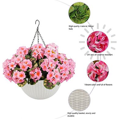 2 Set Artificial Outdoor Geraniums Flowers with White Basket, Artificial Hanging Flowers Plant