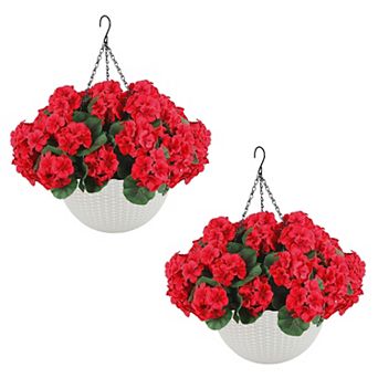 2 Set Artificial Outdoor Geraniums Flowers with White Basket, Artificial Hanging Flowers Plant