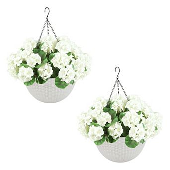 2 Set Artificial Outdoor Geraniums Flowers with White Basket, Artificial Hanging Flowers Plant