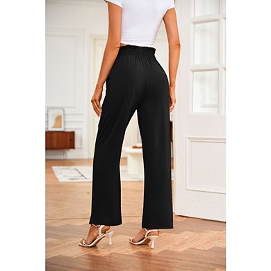 Womens High Waist Wide Leg Pants Adjustable Belt Loose Casual Casual Vacation Pants with Pockets