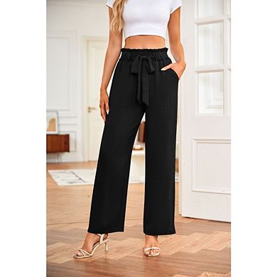 Womens High Waist Wide Leg Pants Adjustable Belt Loose Casual Casual Vacation Pants with Pockets