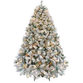 Artificial Prelit Christmas Tree with White Lights, Foldable Stand, Snow Flocked PVC Xmas Tree
