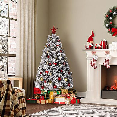 Artificial Prelit Christmas Tree with White Lights, Foldable Stand, Snow Flocked PVC Xmas Tree