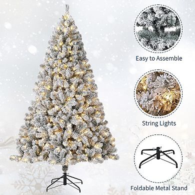 Artificial Prelit Christmas Tree with White Lights, Foldable Stand, Snow Flocked PVC Xmas Tree