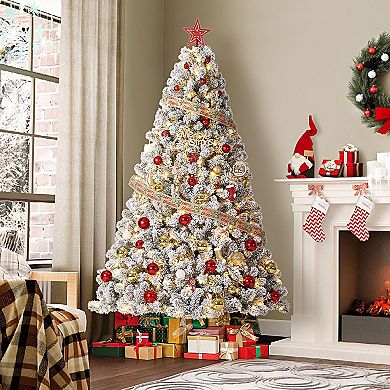Artificial Prelit Christmas Tree with White Lights, Foldable Stand, Snow Flocked PVC Xmas Tree