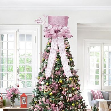 Christmas Tree Topper Bow, 9.84 in Glitter Christmas Tree Decoration with Bows Spruce Branch