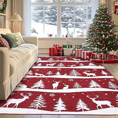 Christmas Rugs with Xmas Tree Reindeer Snowflake for Holiday Decor, Non Slip Low Pile Washable Rug