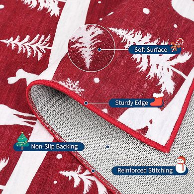 Christmas Rugs with Xmas Tree Reindeer Snowflake for Holiday Decor, Non Slip Low Pile Washable Rug
