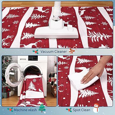 Christmas Rugs with Xmas Tree Reindeer Snowflake for Holiday Decor, Non Slip Low Pile Washable Rug