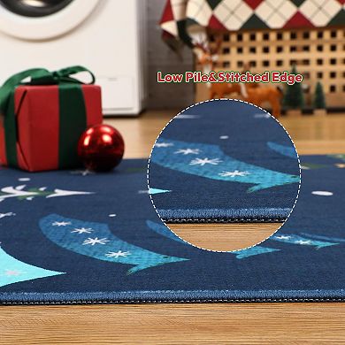 Christmas Rugs with Tree Pattern for Holiday Decor, Non Slip Low Pile Washable Rug for Dining Room