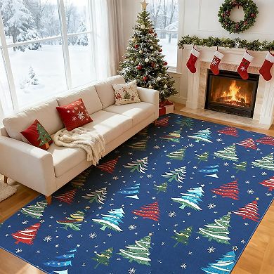 Christmas Rugs with Tree Pattern for Holiday Decor, Non Slip Low Pile Washable Rug for Dining Room