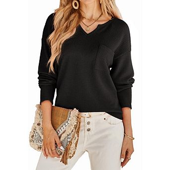 Womens Waffle Knit Tops Oversized Long Sleeve V Neck Shirts Dressy Casual Blouses Basic Shirts