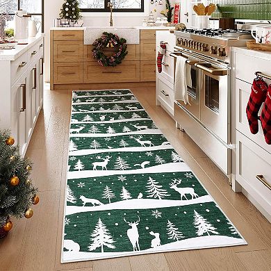 Christmas Rugs with Xmas Tree Reindeer Snowflake for Holiday Decor, Non Slip Low Pile Washable Rug