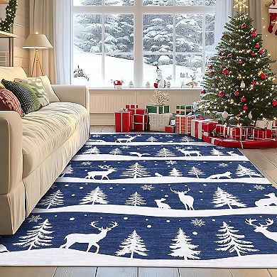 Christmas Rugs with Xmas Tree Reindeer Snowflake for Holiday Decor, Non Slip Low Pile Washable Rug