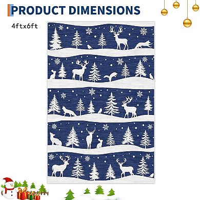 Christmas Rugs with Xmas Tree Reindeer Snowflake for Holiday Decor, Non Slip Low Pile Washable Rug