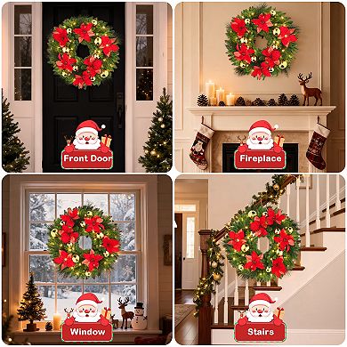 24" Pre-Lit Front Door Christmas Wreath, Winter Christmas Decoration for Window Door, Red and Gold