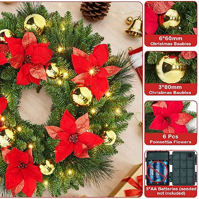 24" Pre-Lit Front Door Christmas Wreath, Winter Christmas Decoration for Window Door, Red and Gold