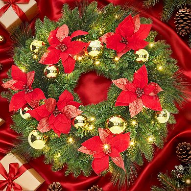 24" Pre-Lit Front Door Christmas Wreath, Winter Christmas Decoration for Window Door, Red and Gold