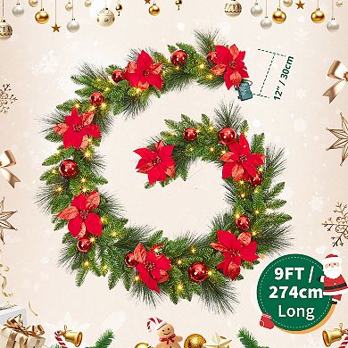 Pre-Lit 9 ft/ 108 in Christmas Garland w/LED Lights, Decorated with Christmas Ball, Lighted Garland