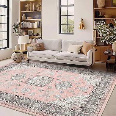 Floral Print Area Rug Washable Non-Slip, Vintage Style Carpet for Living Room Bedroom Indoor