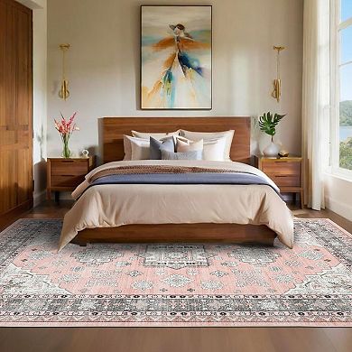 Floral Print Area Rug Washable Non-Slip, Vintage Style Carpet for Living Room Bedroom Indoor