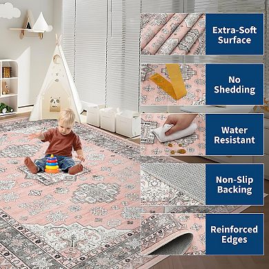 Floral Print Area Rug Washable Non-Slip, Vintage Style Carpet for Living Room Bedroom Indoor