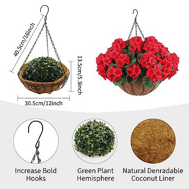 2 Set Artificial Outdoor Geraniums Flowers with Brown Basket, Artificial Hanging Flowers Plant