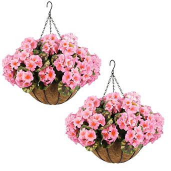 2 Set Artificial Outdoor Geraniums Flowers with Brown Basket, Artificial Hanging Flowers Plant