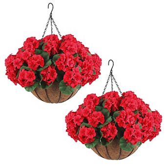2 Set Artificial Outdoor Geraniums Flowers with Brown Basket, Artificial Hanging Flowers Plant