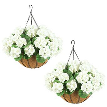 2 Set Artificial Outdoor Geraniums Flowers with Brown Basket, Artificial Hanging Flowers Plant