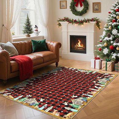 Christmas Rug,Washable Rug for Livingroom Soft Low-Pile Non-Shedding Checkered Print Holiday Carpet