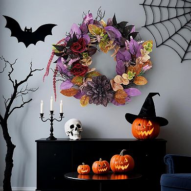 18" Halloween Wreaths for Front Door, Creepy Gothic Wreath with Spiders & Artificial Roses