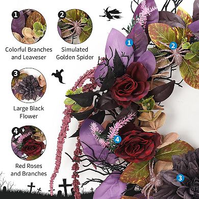 18" Halloween Wreaths for Front Door, Creepy Gothic Wreath with Spiders & Artificial Roses