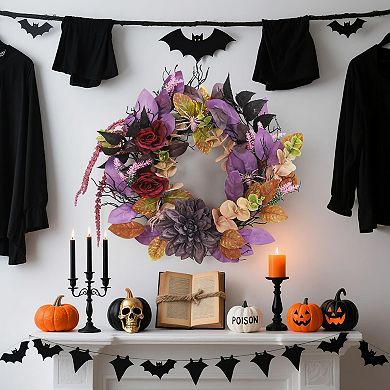 18" Halloween Wreaths for Front Door, Creepy Gothic Wreath with Spiders & Artificial Roses