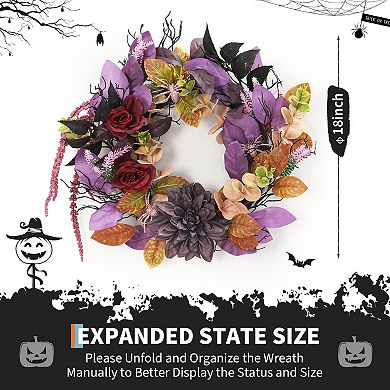 18" Halloween Wreaths for Front Door, Creepy Gothic Wreath with Spiders & Artificial Roses