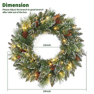 24 Inch Pre-Lit Artificial Christmas Wreath with Warm White LED Lights, Pine Cones