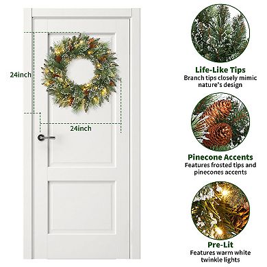24 Inch Pre-Lit Artificial Christmas Wreath with Warm White LED Lights, Pine Cones