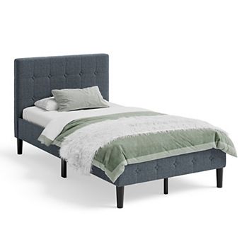 Upholstered Platform Bed with Button Tufted Padded Headboard-Gray