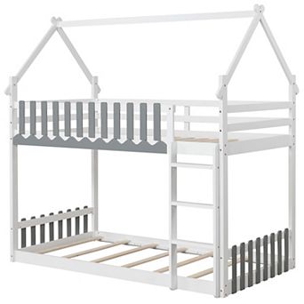 Twin Over Twin Bunk Bed with Fence Design and Built In Ladder