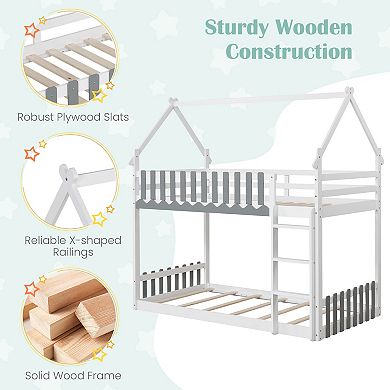 Twin Over Twin Bunk Bed with Fence Design and Built In Ladder