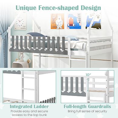 Twin Over Twin Bunk Bed with Fence Design and Built In Ladder