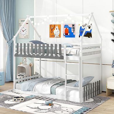 Twin Over Twin Bunk Bed with Fence Design and Built In Ladder
