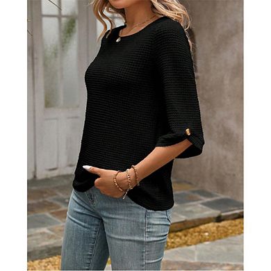 Womens Waffle Knit Shirts Short Sleeves with Button Crewneck Tunic Tops Casual Solid Loose Blouses