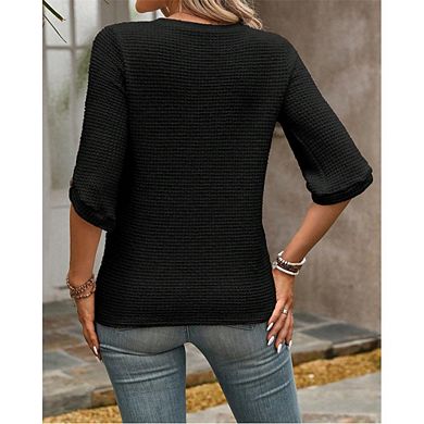 Womens Waffle Knit Shirts Short Sleeves with Button Crewneck Tunic Tops Casual Solid Loose Blouses